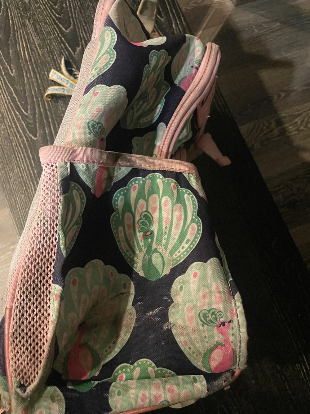 Pottery Barn Kids Navy Peacock-Print Rolling Backpack with Pink Trim